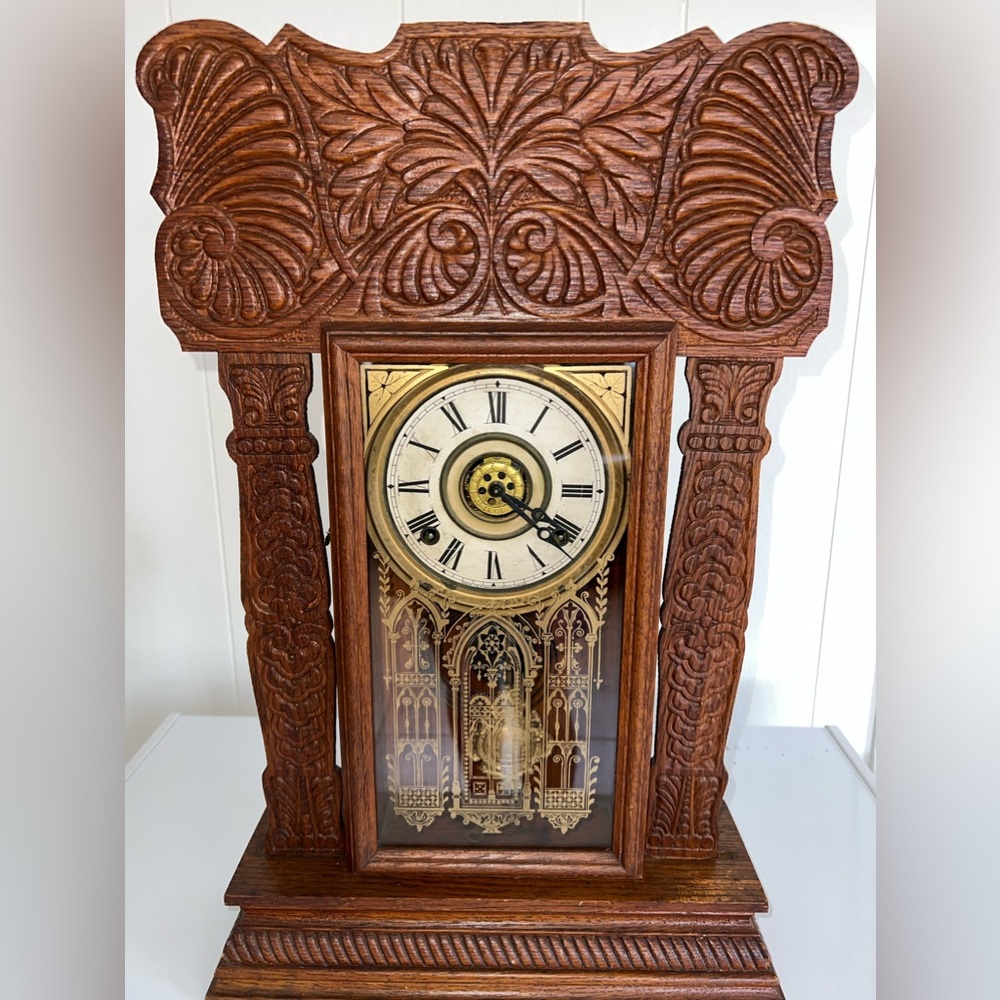 ANTIQUE INGRAHAM OAK AMERICAN GINGERBREAD CLOCK WORKING MANTLE MANTEL WINDUP